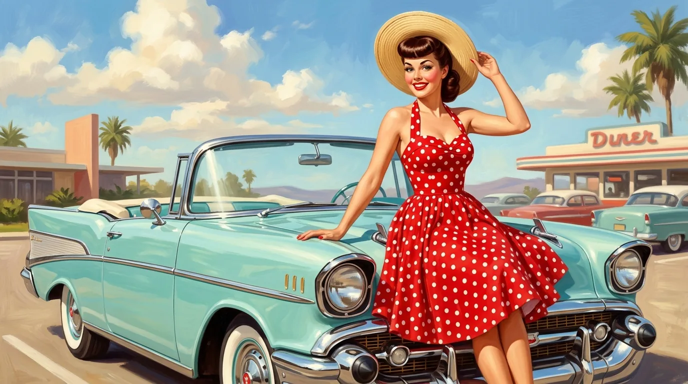 Classic 1950s Gil Elvgren style Americana pin-up illustration of a smiling woman in a red polka-dot halter dress on a turquoise convertible