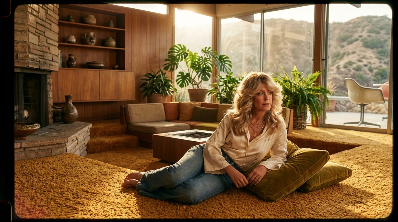 Authentic 1970s Kodachrome 64 35mm film photograph of a woman with feathered hair in a sun-drenched California mid-century lounge