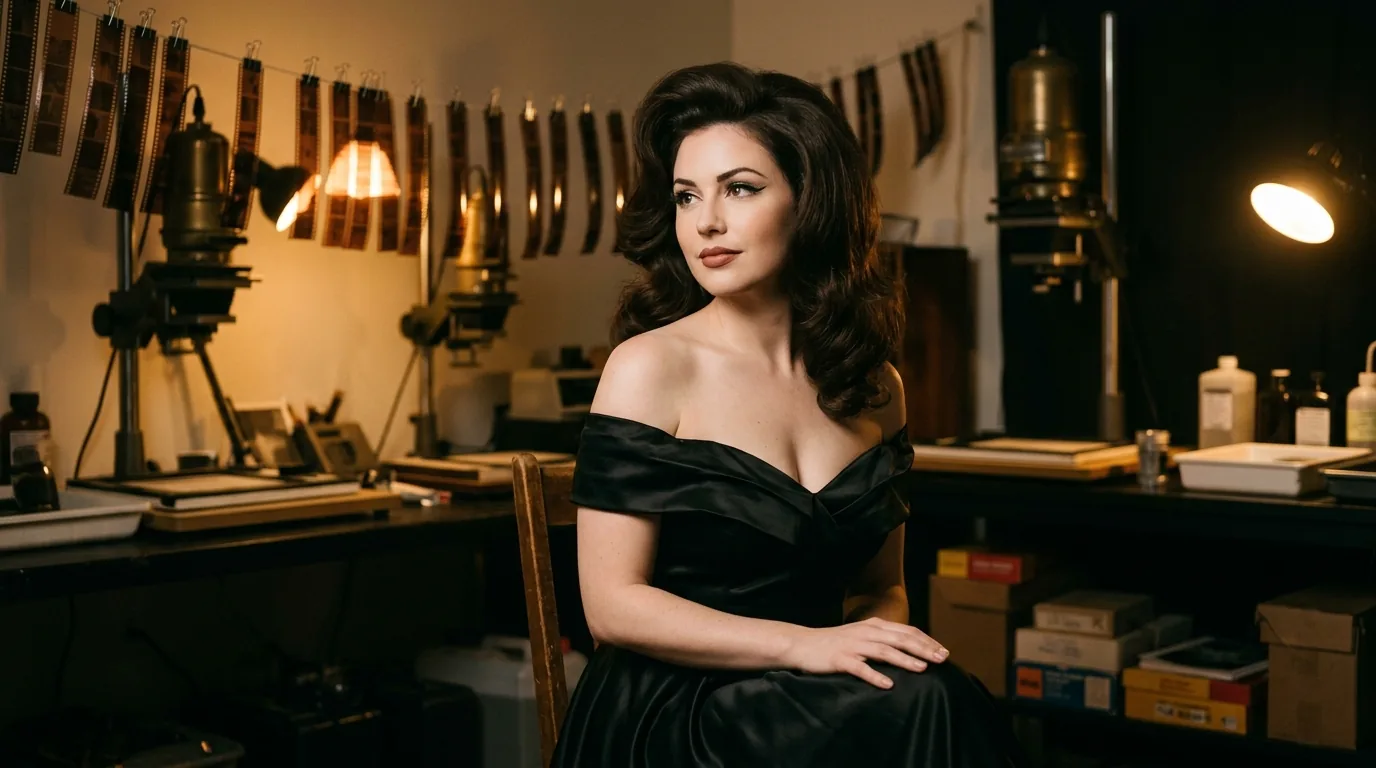 Classic 1960s and 1970s Hollywood darkroom portrait surrounded by 35mm analog film strips and warm tungsten lamps