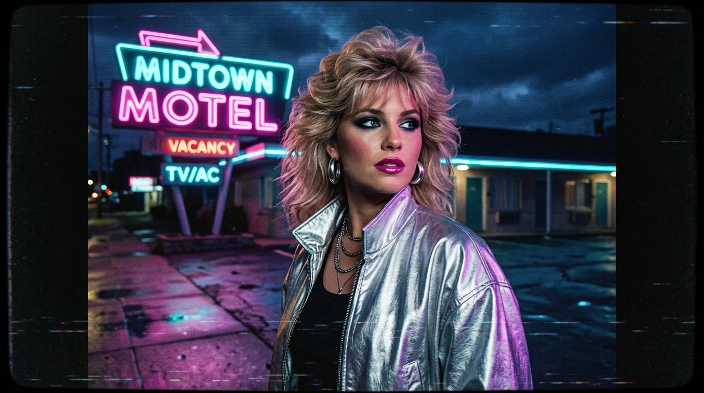 1980s retro VHS aesthetic portrait of a woman in a metallic jacket under neon motel signs at night with CRT scanlines
