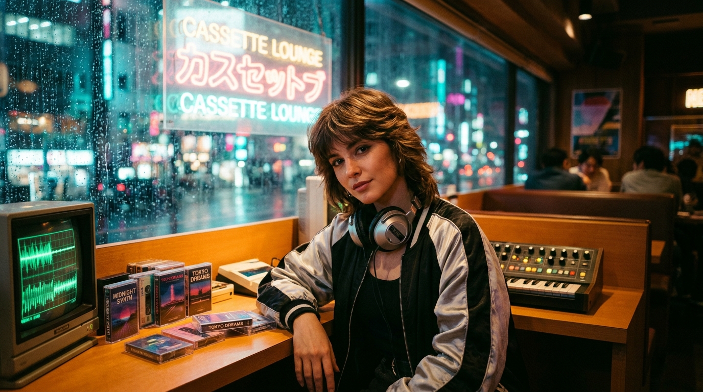 Valerie — American founder of Studio 80-X from Miami Vice City in her rainy 1986 Tokyo cassette and CRT synth lounge